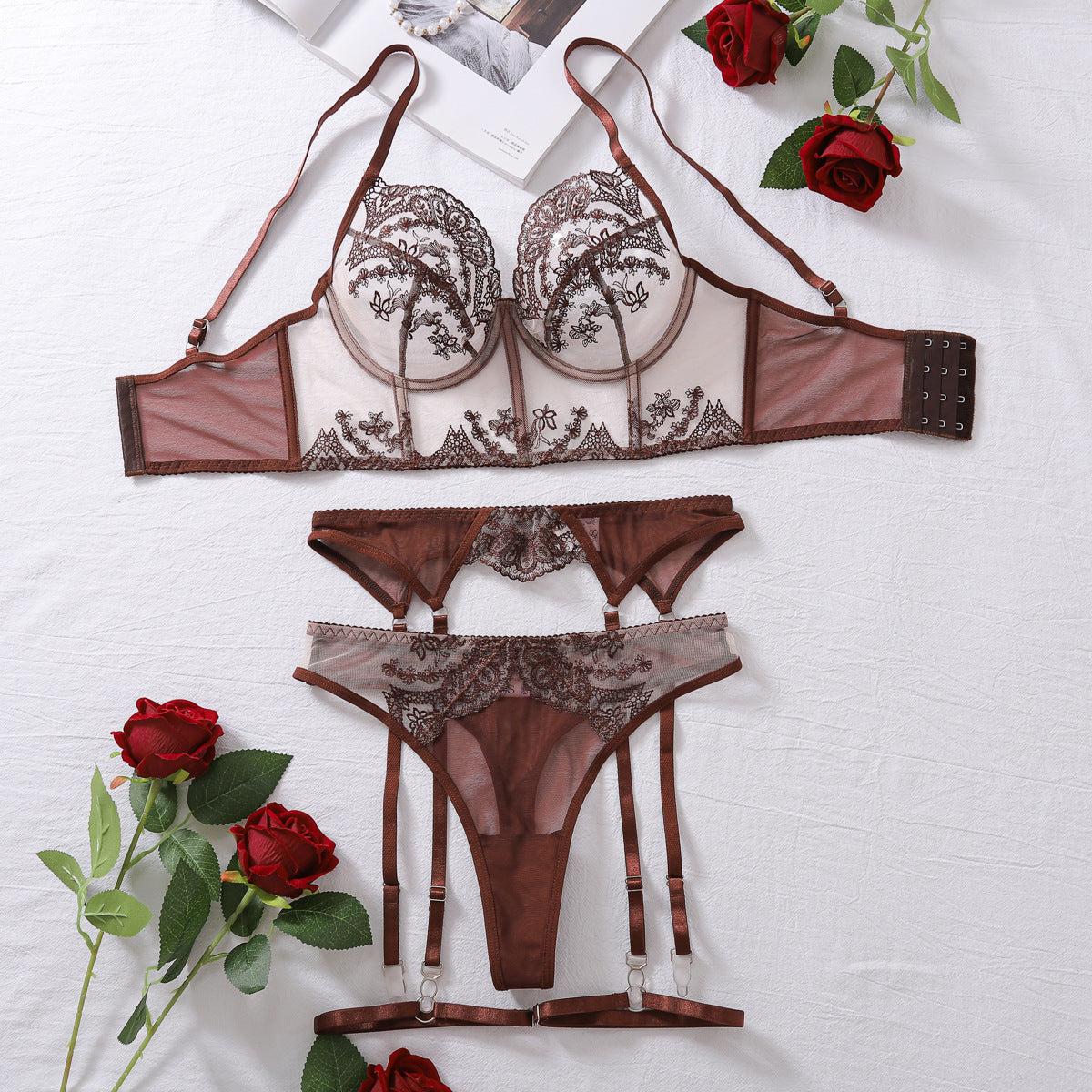 Color blocking French thin bra set embroidered mesh splicing sexy lingerie