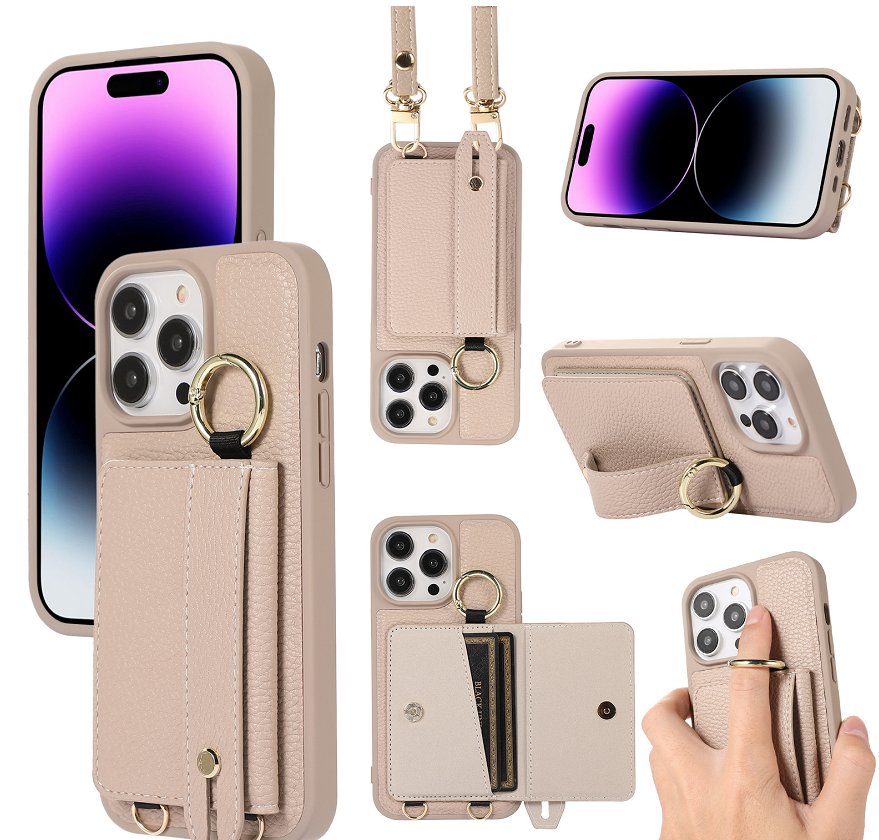 Suitable for Apple 16 Pro card case phone case card insertion 17 Pro Max 16E wrist strap phone leather case