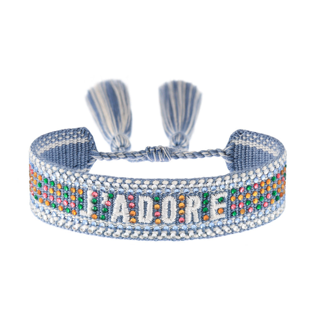 Cross-border Fully Ironed Colorful Diamond Woven DIY Bracelet Accessories for Women Creative Ethnic Embroidery Letter Rope
