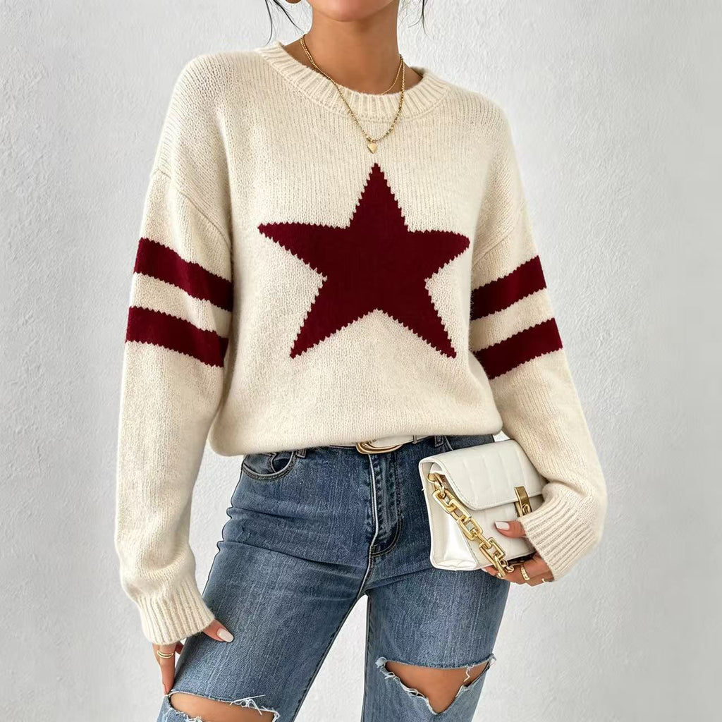 Style star jacquard knit sweater for women, autumn/winter, loose fit, round neck, striped pullover undershirt