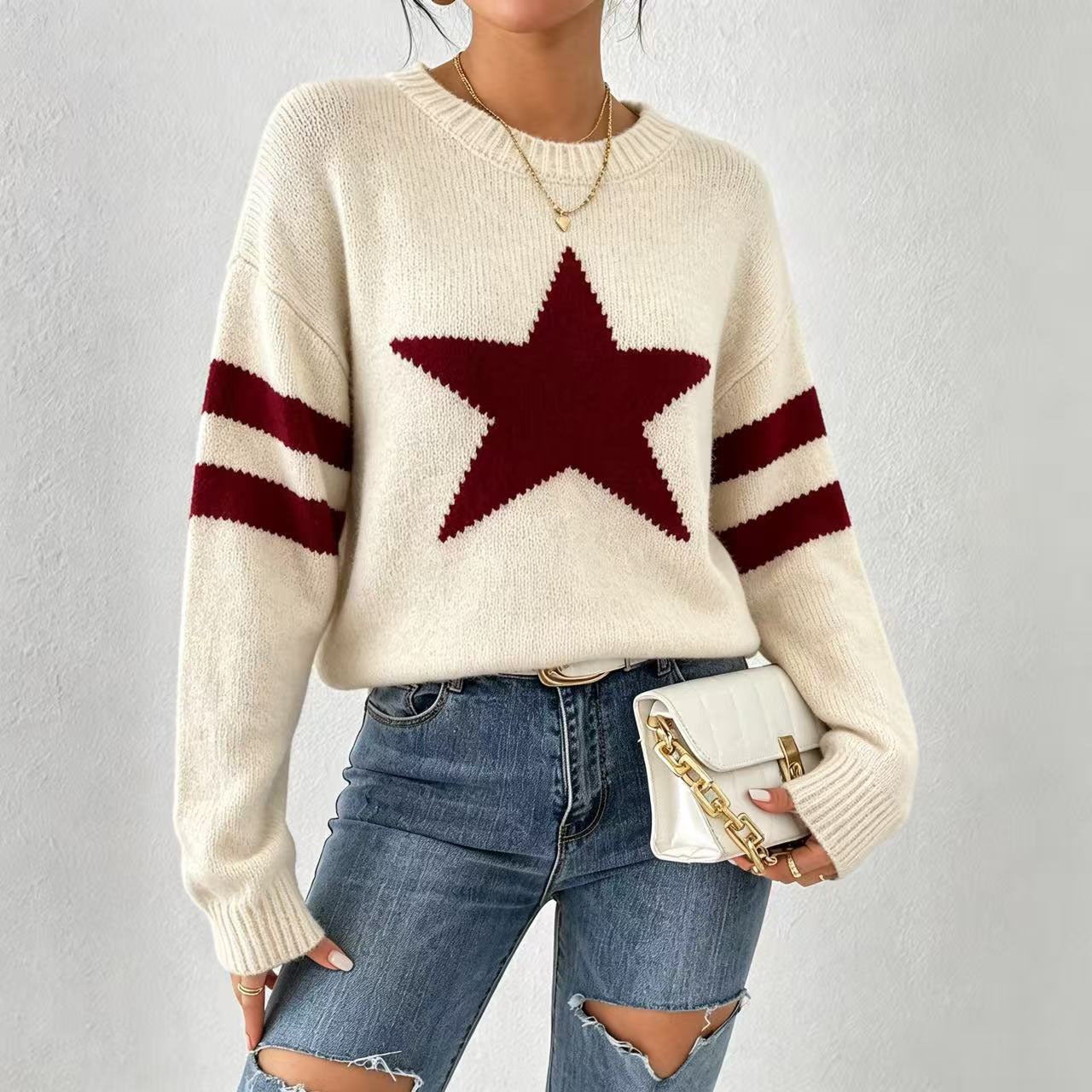 Style star jacquard knit sweater for women, autumn/winter, loose fit, round neck, striped pullover undershirt
