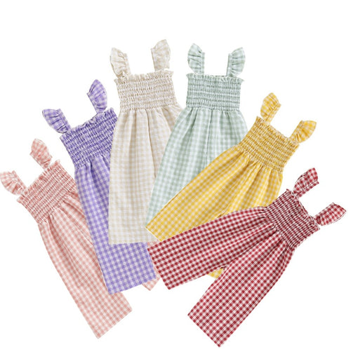 Cute Girl's Summer Plaid Flutter Sleeve Jumpsuit, Lightweight Wide Leg Bodysuit