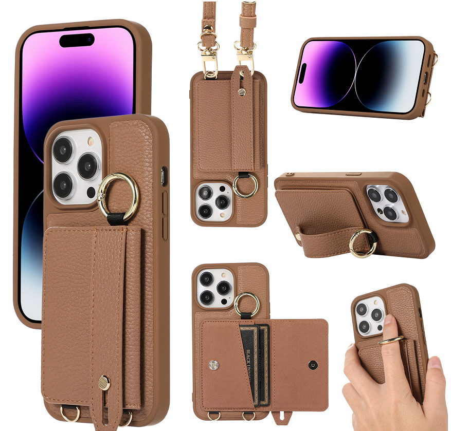Suitable for Apple 16 Pro card case phone case card insertion 17 Pro Max 16E wrist strap phone leather case