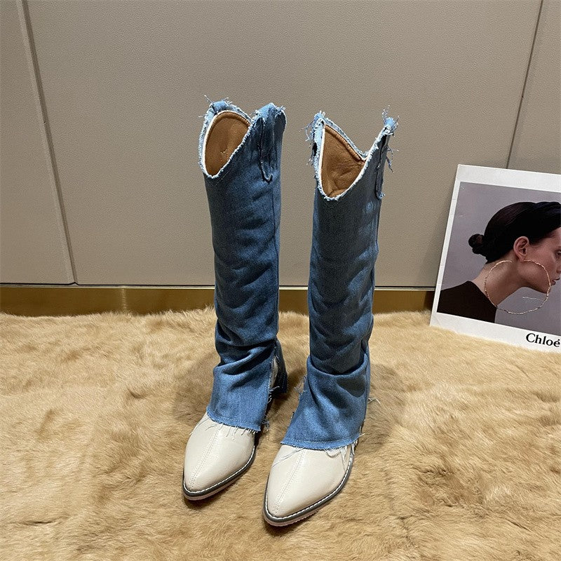 Pointed Toe Thick Heel Western Cowboy Boots Women's New High-Leg Trousers Boots But Knee Boots Knight Boot