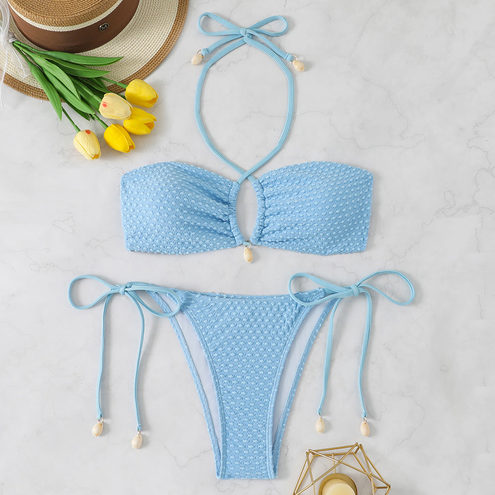 Gather solid color bikini three-point style