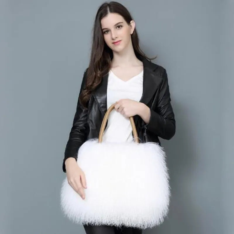 Real Mongolian Fur Bags Australian Beach Wool Fur Shoulder Bag Ladies Tibet Lamb Fur Wrist Bag Large Capacity