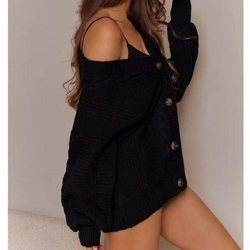 Chic Lantern Sleeve Knit Cardigan for WomenLoose Fit, V-Neck, Sexy Sweater Coat