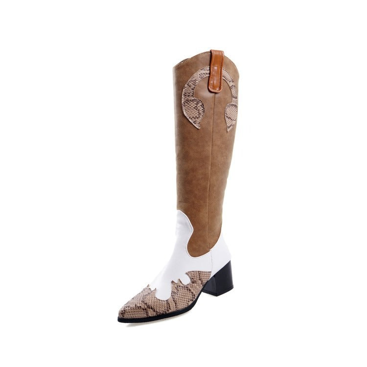 Women's Snake Pattern Splicing Knight Boots 32-48 Large Pointed Tall Boots
