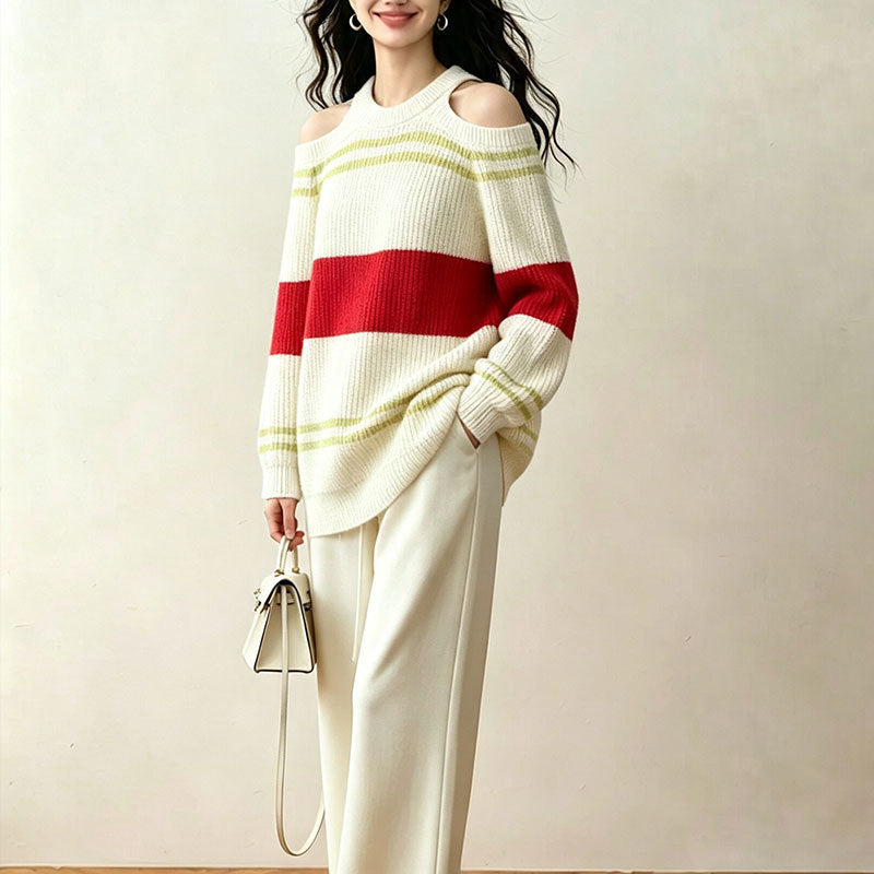 Round neck striped versatile contrasting simple knit sweater