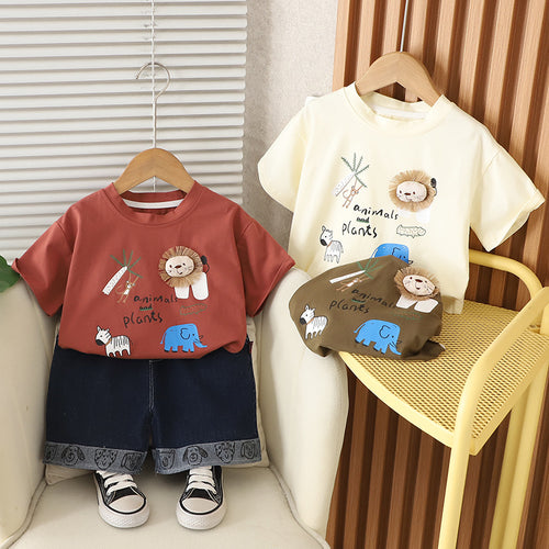 Cartoon animal pattern short sleeved top and shorts set