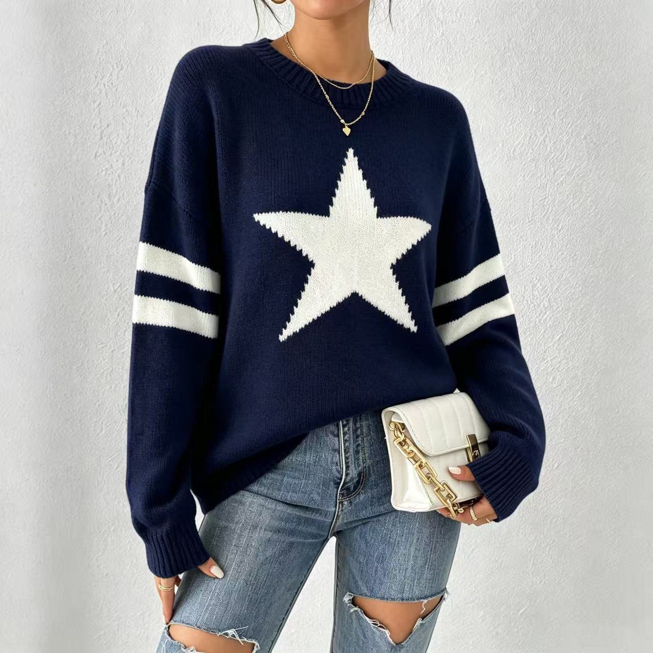 Style star jacquard knit sweater for women, autumn/winter, loose fit, round neck, striped pullover undershirt