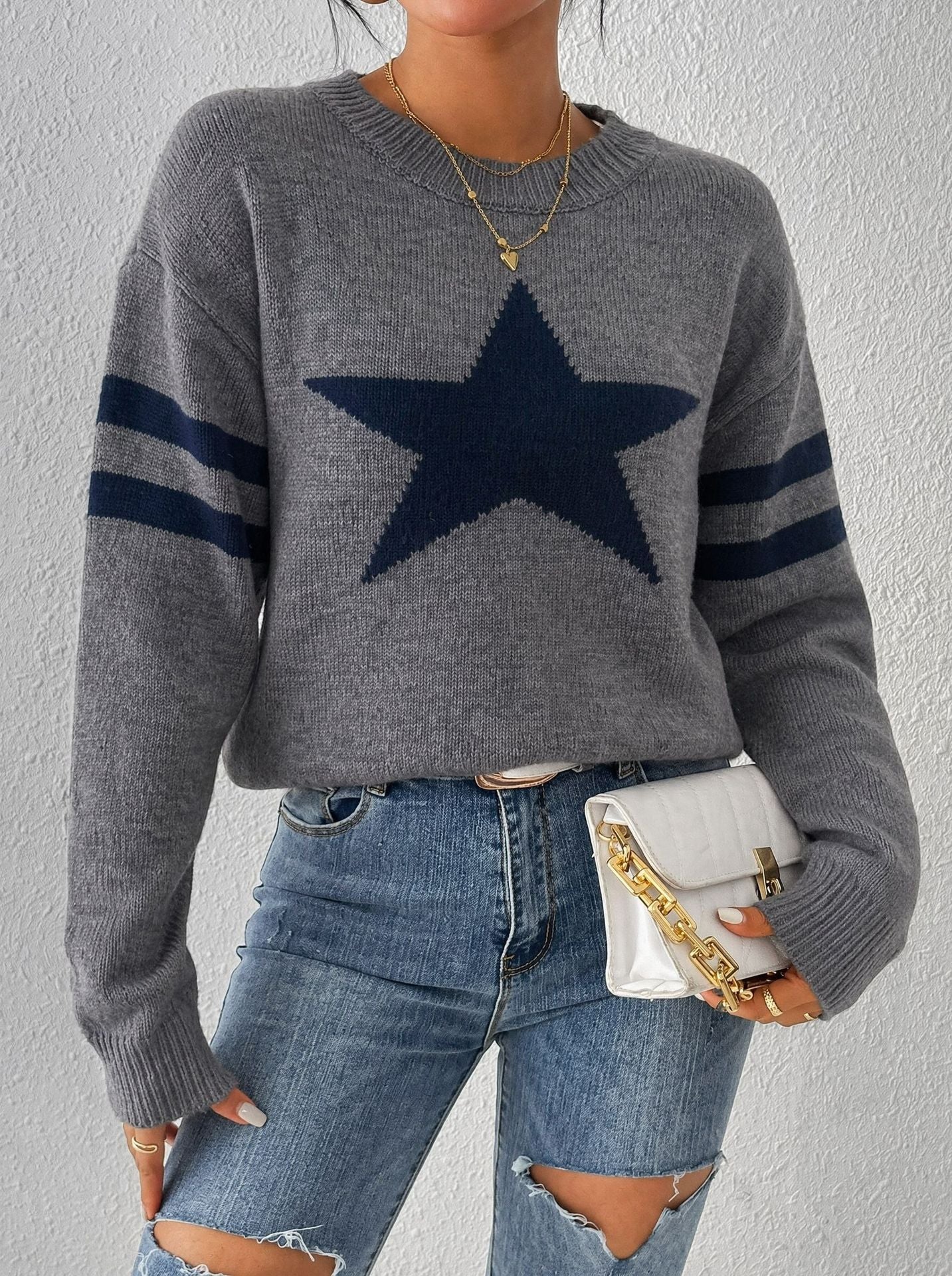 Style star jacquard knit sweater for women, autumn/winter, loose fit, round neck, striped pullover undershirt