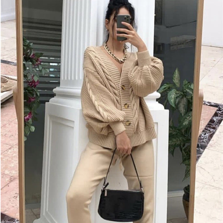 Chic Lantern Sleeve Knit Cardigan for WomenLoose Fit, V-Neck, Sexy Sweater Coat