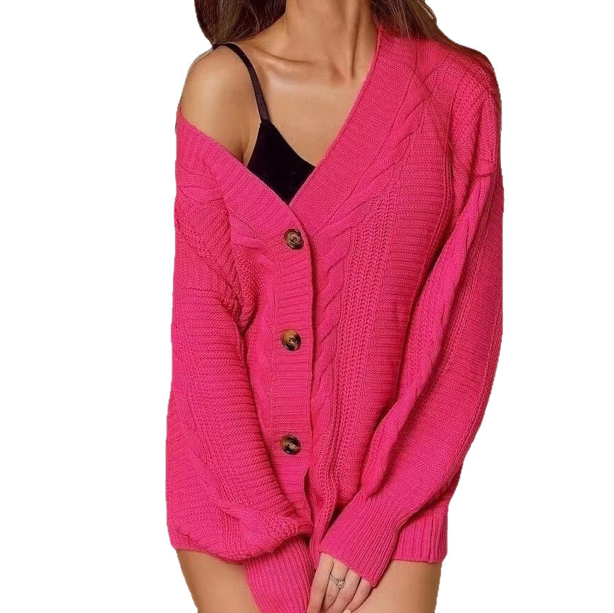 Chic Lantern Sleeve Knit Cardigan for WomenLoose Fit, V-Neck, Sexy Sweater Coat