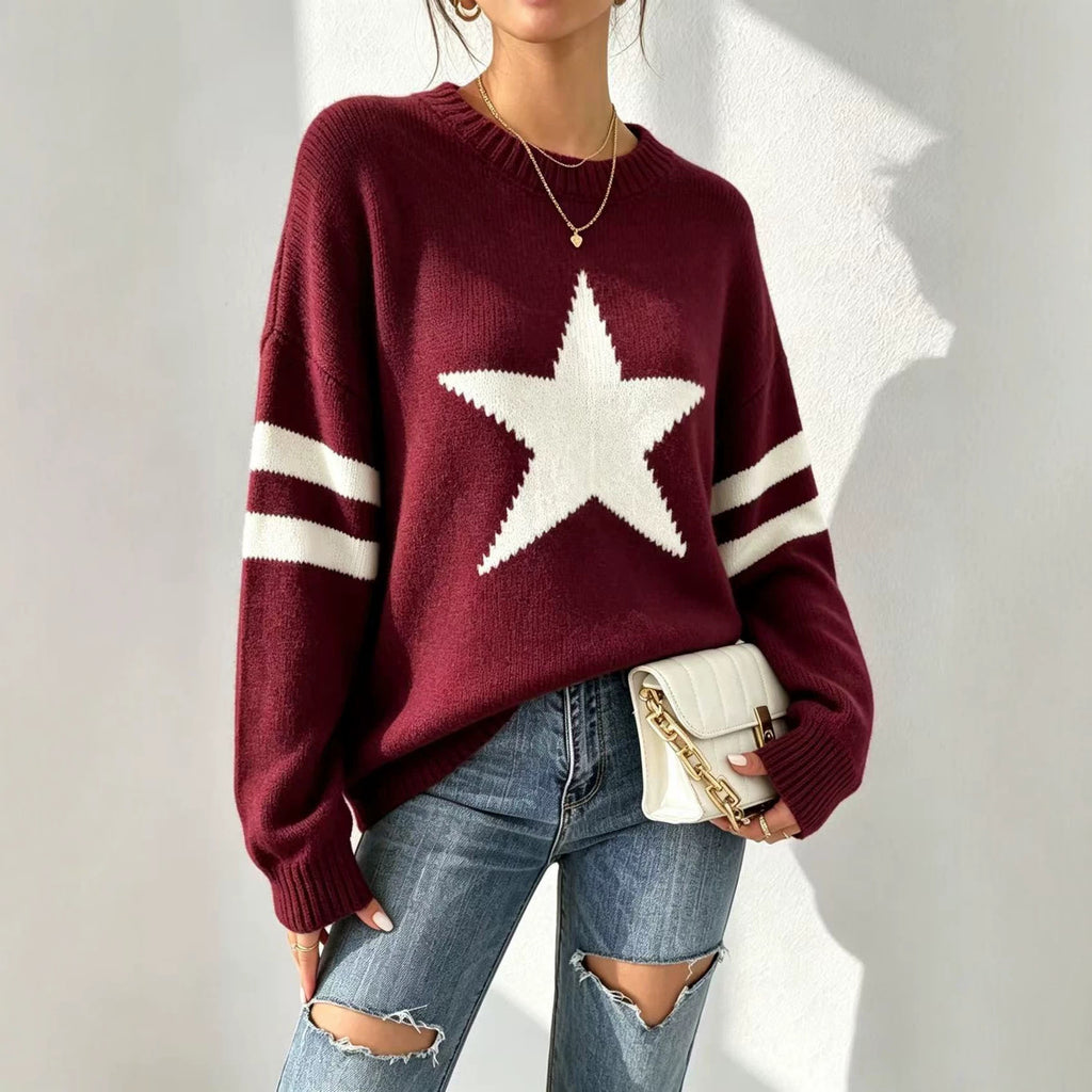 Style star jacquard knit sweater for women, autumn/winter, loose fit, round neck, striped pullover undershirt