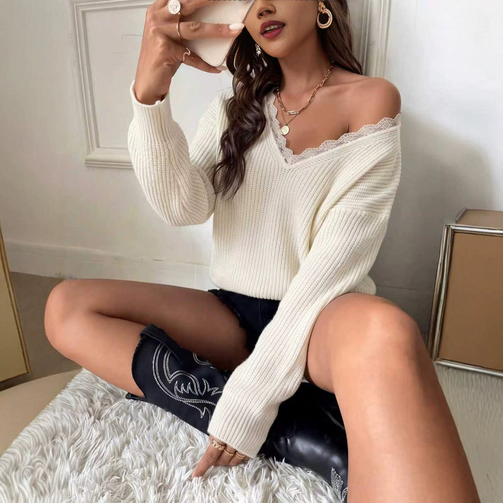 Style Lace Splicing Design Knitwear Women's Unique White Lazy V-Neck Long Sleeve Top
