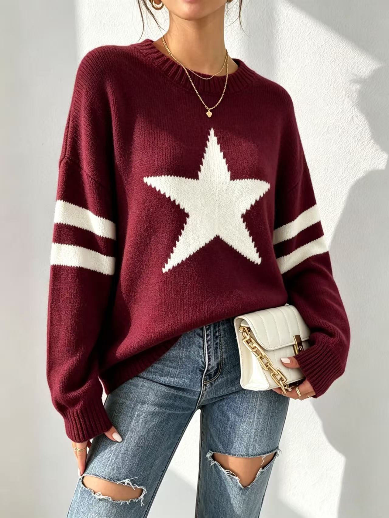 Style star jacquard knit sweater for women, autumn/winter, loose fit, round neck, striped pullover undershirt