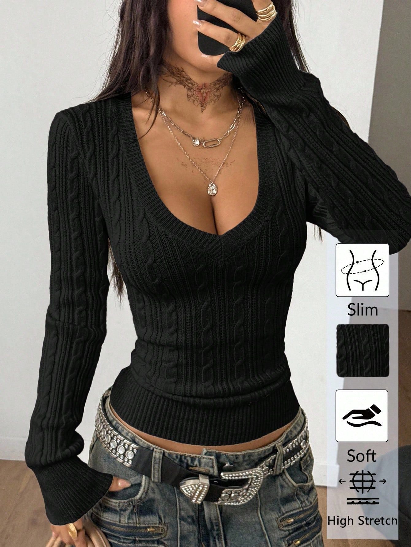 Chic V-Neck Cable Knit Sweater for Women Fitted Short Length, Slimming Long Sleeve Pullover