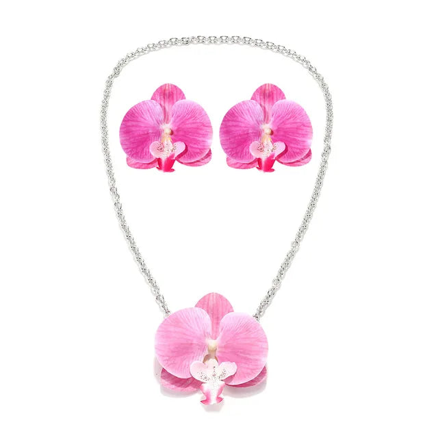 Simulation Phalaenopsis Flower Pendant Necklace Earring Set for Women Elegant Floral Rural Petal Chains Necklaces Accessory