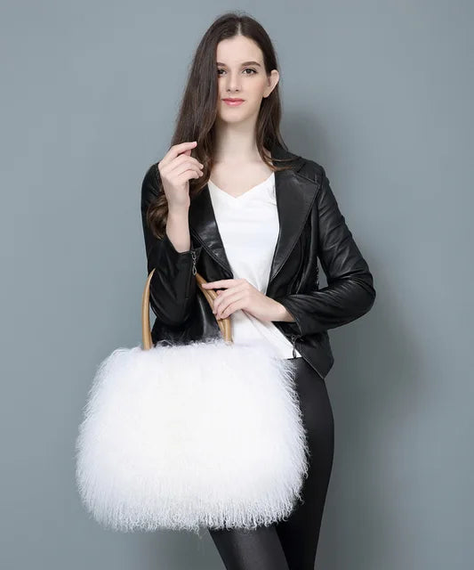 Real Mongolian Fur Bags Australian Beach Wool Fur Shoulder Bag Ladies Tibet Lamb Fur Wrist Bag Large Capacity