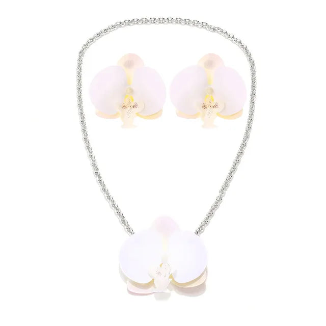Simulation Phalaenopsis Flower Pendant Necklace Earring Set for Women Elegant Floral Rural Petal Chains Necklaces Accessory