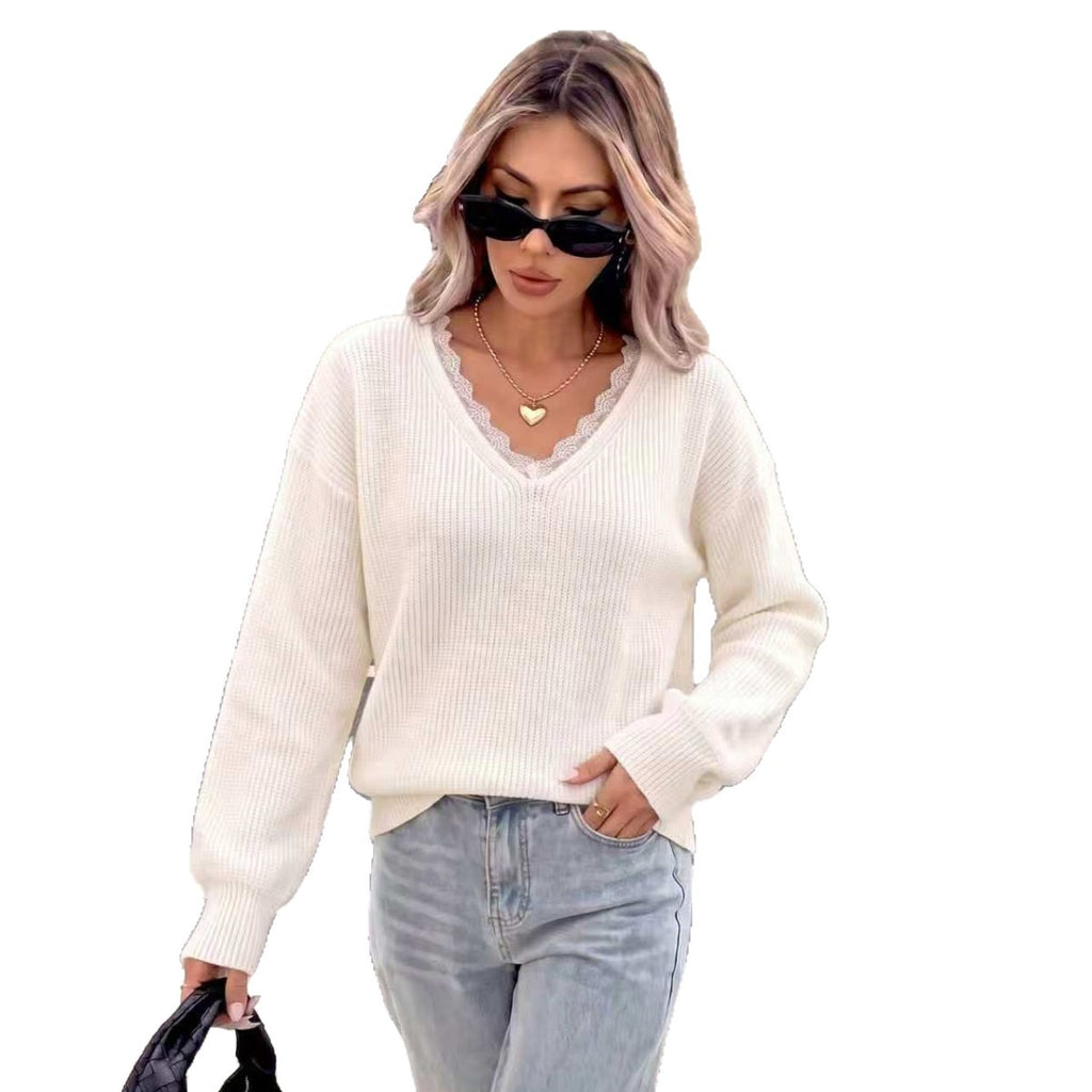 Style Lace Splicing Design Knitwear Women's Unique White Lazy V-Neck Long Sleeve Top