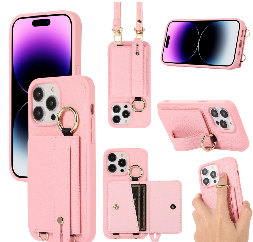 Suitable for Apple 16 Pro card case phone case card insertion 17 Pro Max 16E wrist strap phone leather case