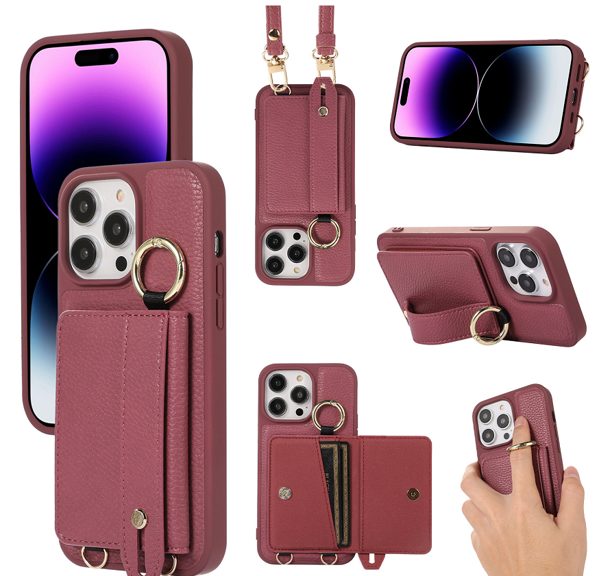Suitable for Apple 16 Pro card case phone case card insertion 17 Pro Max 16E wrist strap phone leather case