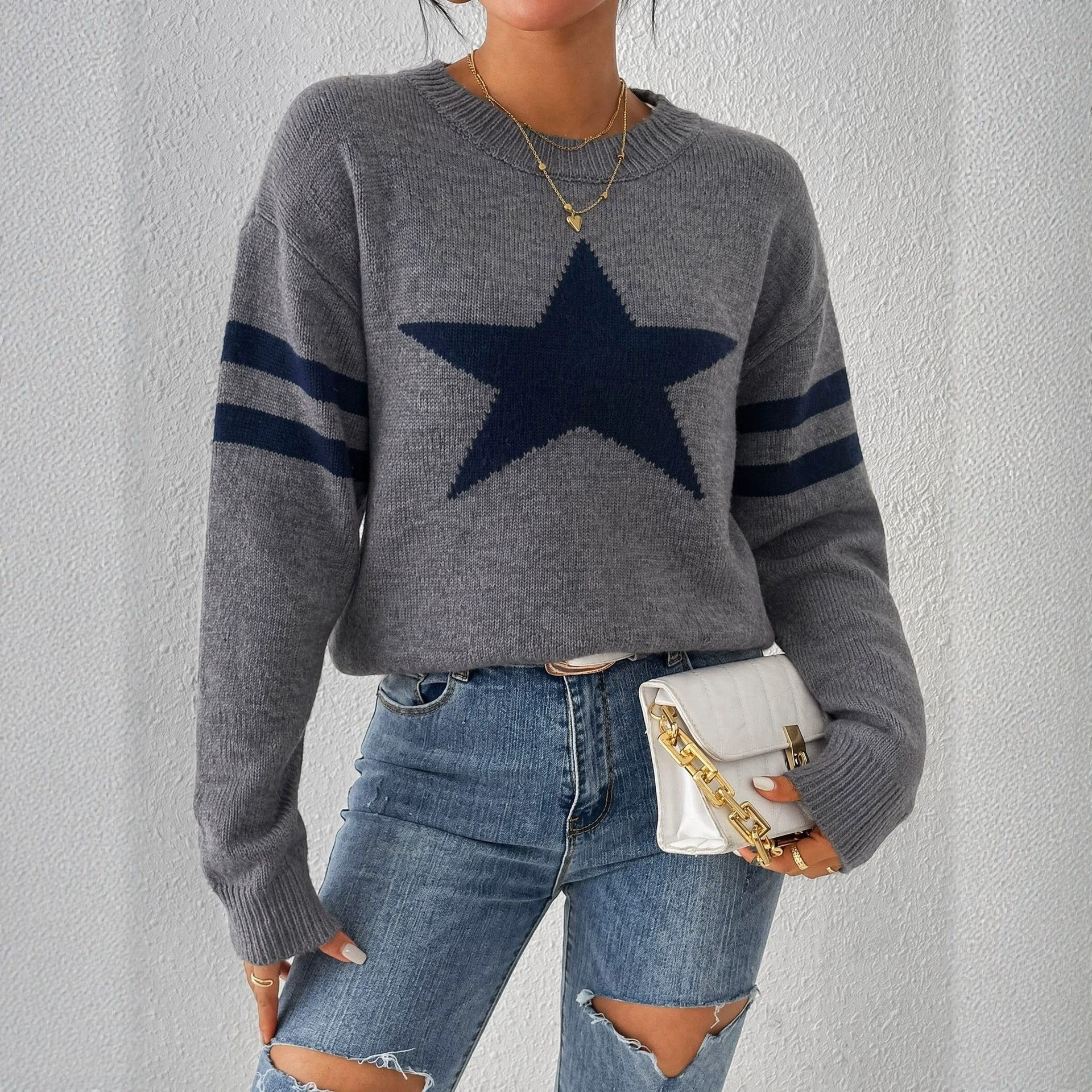 Style star jacquard knit sweater for women, autumn/winter, loose fit, round neck, striped pullover undershirt