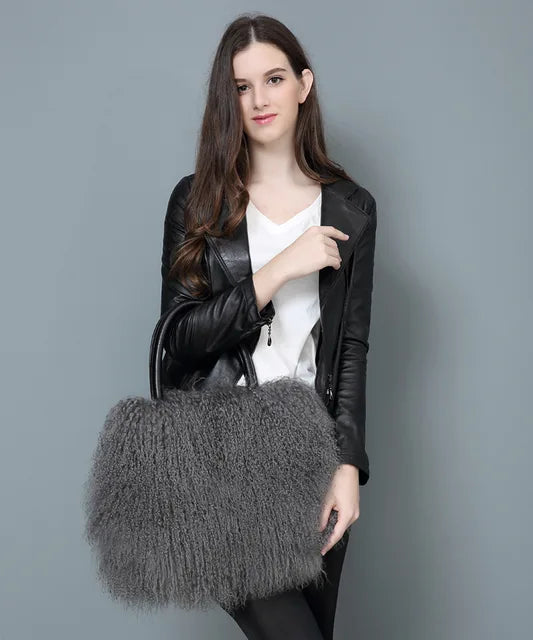 Real Mongolian Fur Bags Australian Beach Wool Fur Shoulder Bag Ladies Tibet Lamb Fur Wrist Bag Large Capacity