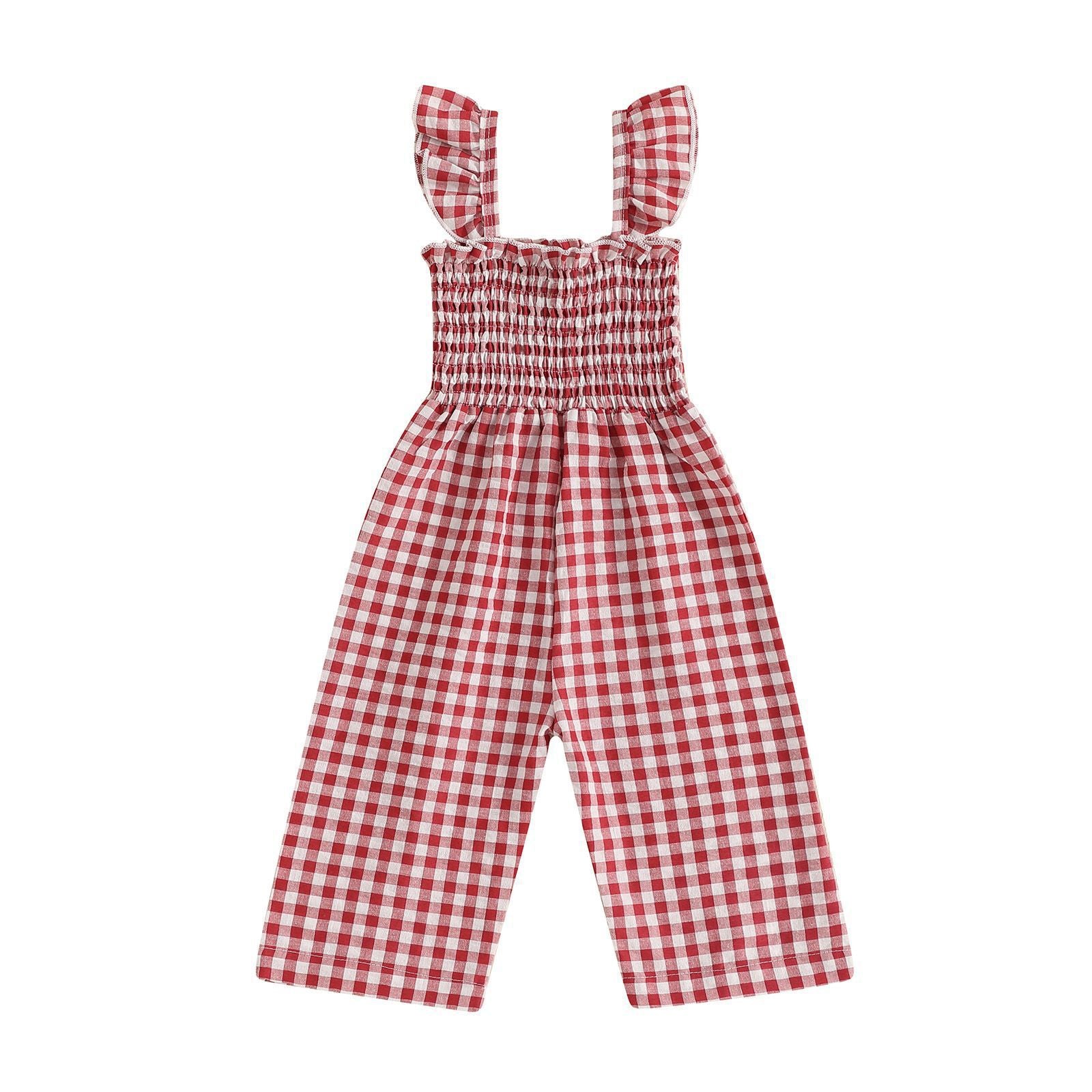 Cute Girl's Summer Plaid Flutter Sleeve Jumpsuit, Lightweight Wide Leg Bodysuit