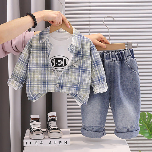 Checkered shirt long sleeved three piece set