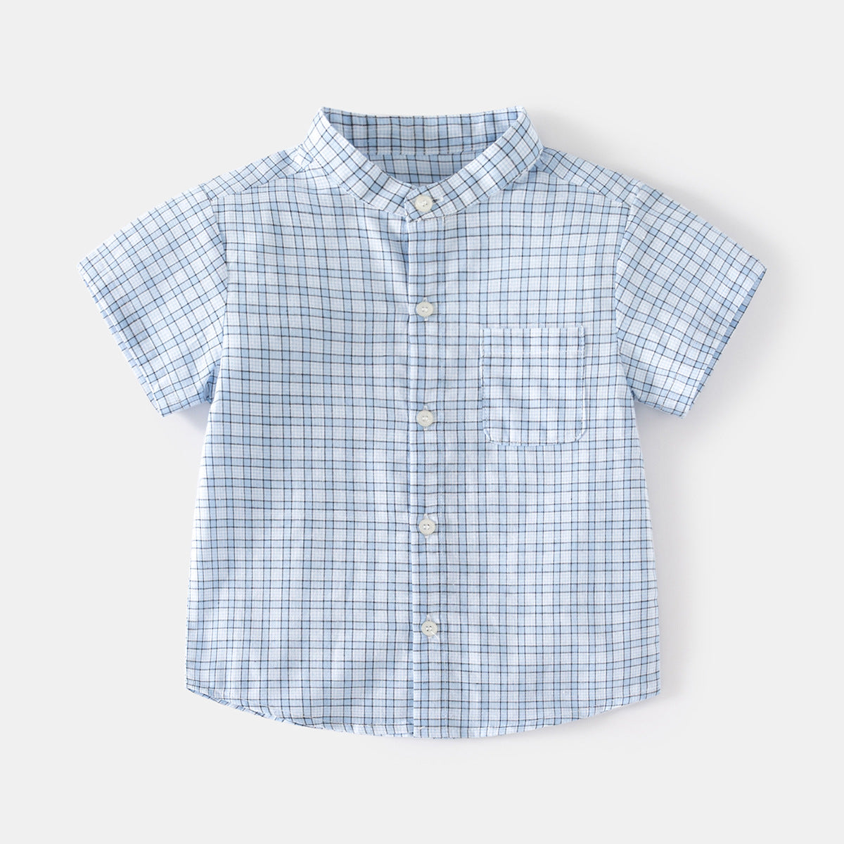 Soft Comfortable Moisture-Wicking Checkered Stand-Up Collar Short Sleeve Outdoor Casual Style Boys Shirt