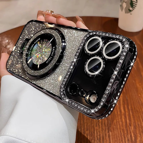 Crystal Glitter Magnetic Mount Bracket for iPhone 17 Pro Max Phone Case with Lens Film, Anti-drop Protection for Apple iPhone 16, 15