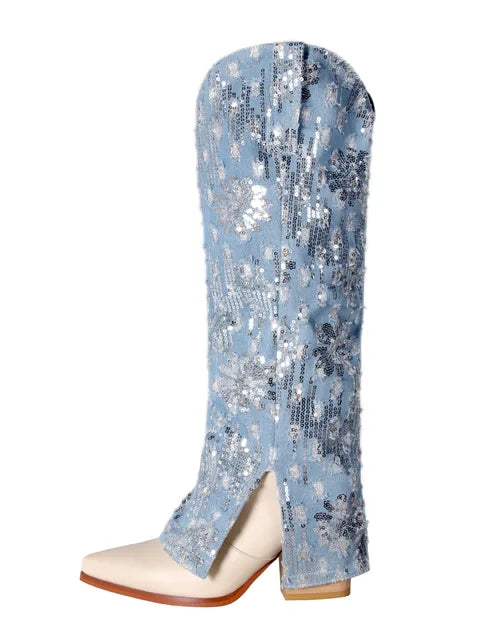 Shiny denim jeans leg boots with pointed thick heels oversized cuffs women's fashion boots