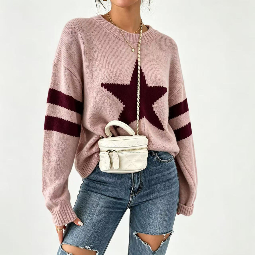 Style star jacquard knit sweater for women, autumn/winter, loose fit, round neck, striped pullover undershirt