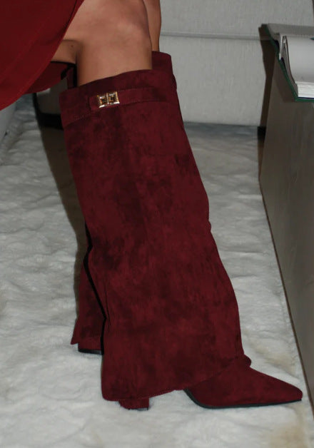 Boots with pointed toes large tube circumference straight tube metal buckle medium length tube thick heel women's boots