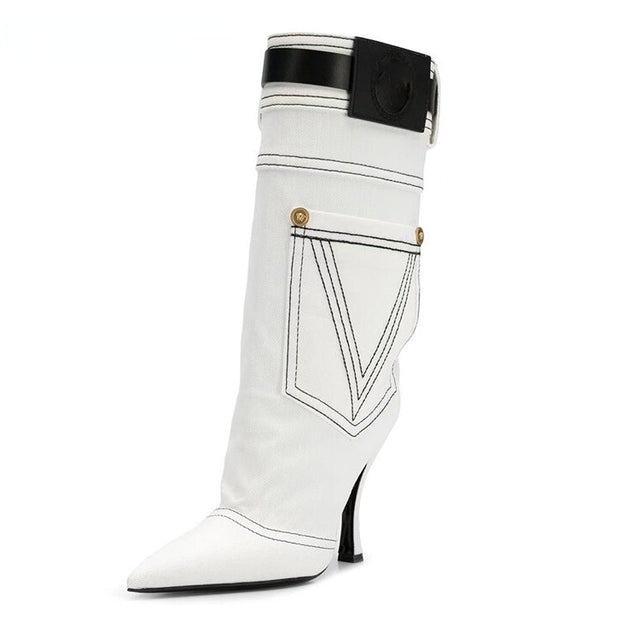 Western Cowboy Boots Women's BlueVintage High Heel Knight Boots Big Barrel Girth Pointed Slim Boots No More Than Knee