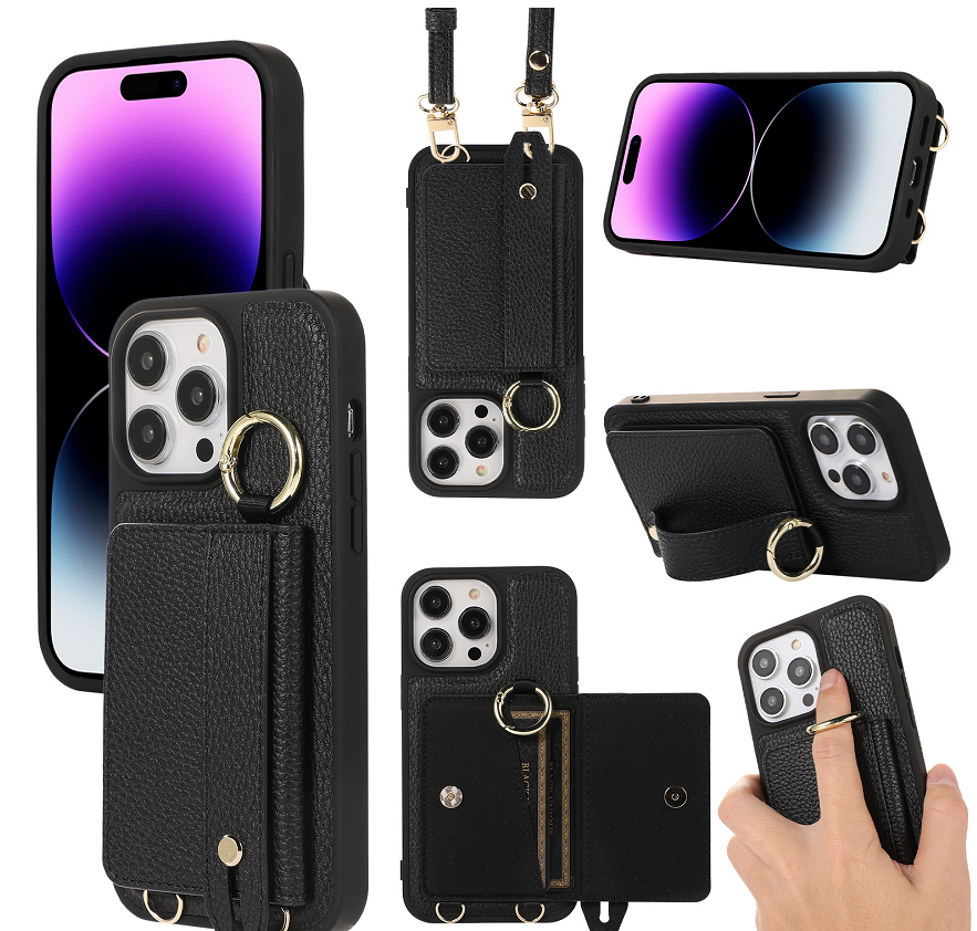 Suitable for Apple 16 Pro card case phone case card insertion 17 Pro Max 16E wrist strap phone leather case