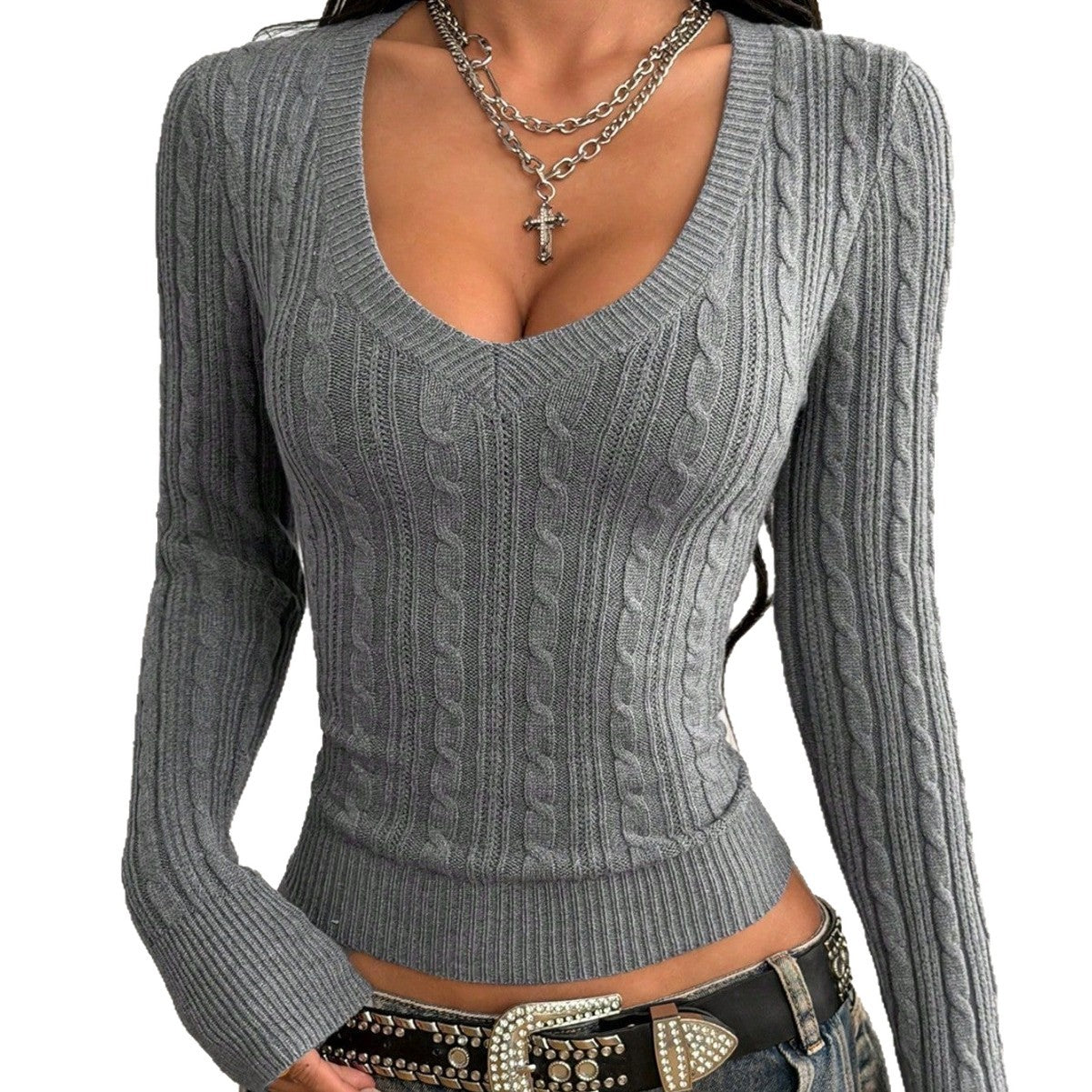 Chic V-Neck Cable Knit Sweater for Women Fitted Short Length, Slimming Long Sleeve Pullover