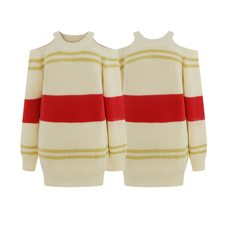 Round neck striped versatile contrasting simple knit sweater