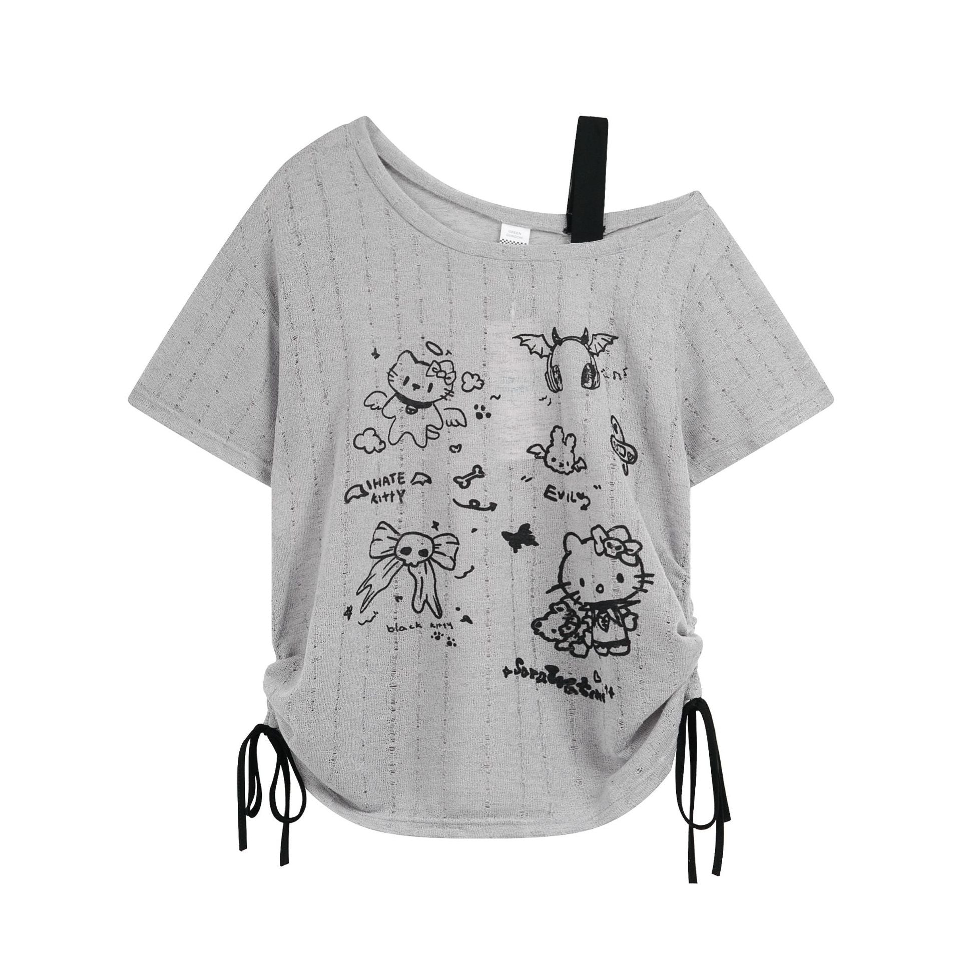 Cartoon Kitty Print T-Shirt with Contrast Shoulder Straps, Fitted Slim Fit Short Sleeve