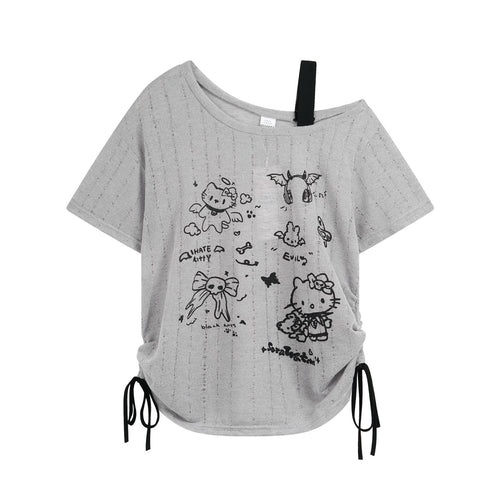 Cartoon Kitty Print T-Shirt with Contrast Shoulder Straps, Fitted Slim Fit Short Sleeve