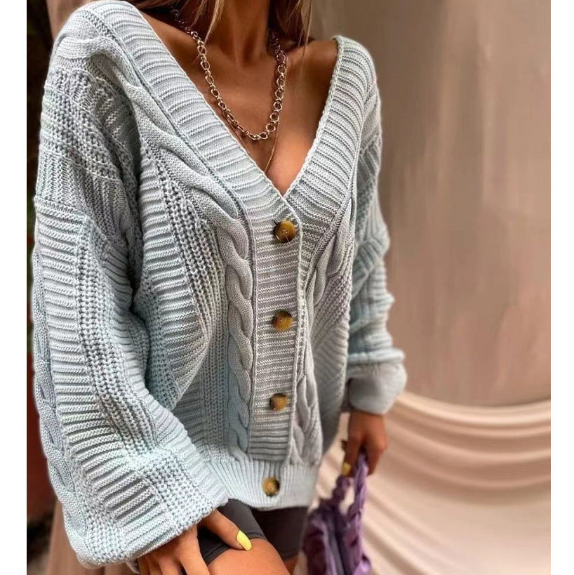Chic Lantern Sleeve Knit Cardigan for WomenLoose Fit, V-Neck, Sexy Sweater Coat
