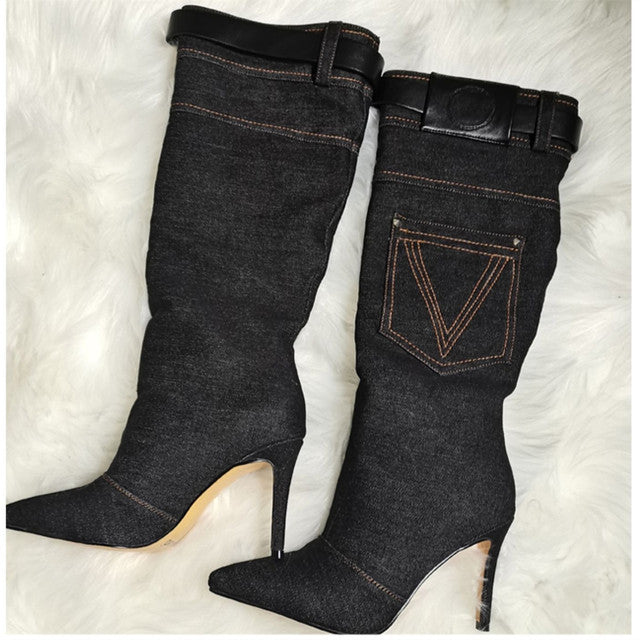 Western Cowboy Boots Women's BlueVintage High Heel Knight Boots Big Barrel Girth Pointed Slim Boots No More Than Knee