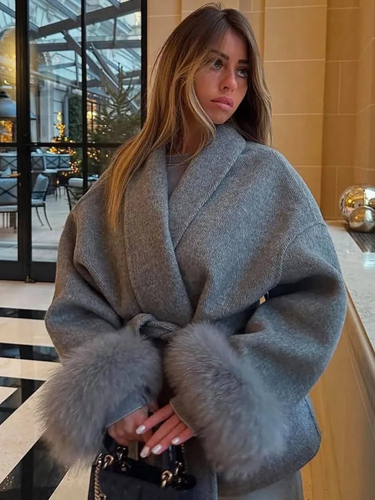 Fur Patchwork Woolen Short Coat Fashion New Autumn Winter Cardigan