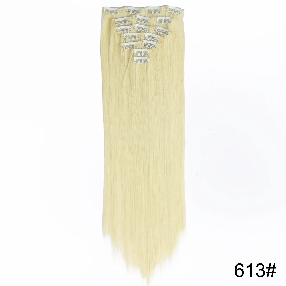 AZQUEEN Long Straight 16 Clip In Synthetic Hair Extensions 7Pcs/Set Natural Blonde Heat Resistant Hairpieces For Women