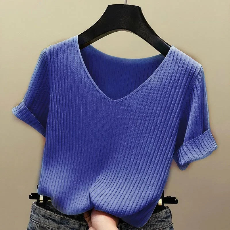 2025 New Summer V-neck Knitted Sweater Women's Short Sleeves Jumpers Pullovers Casual Slim Fit Knitwear Bottoming Shirt