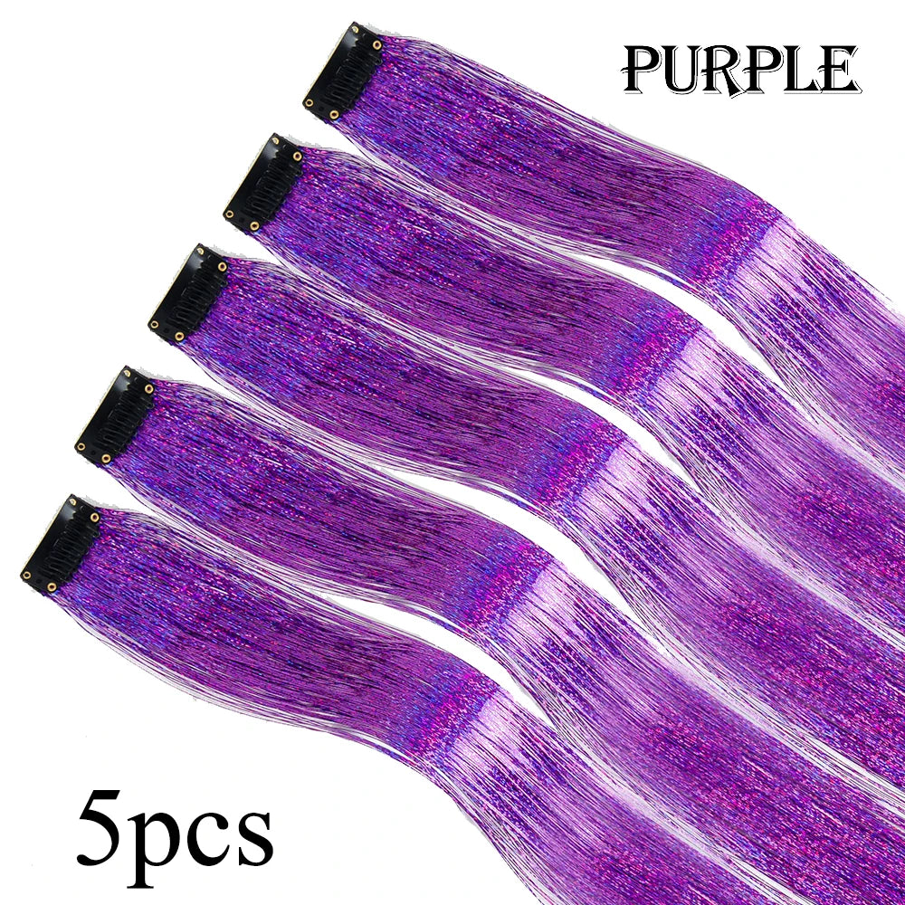 Silver Blue Rainbow Colored Hair Tinsel Clip In 19.5 Inch Fairy Hair Clip In Hair Tinsel Glitter Hair Extensions 5Pcs For Women