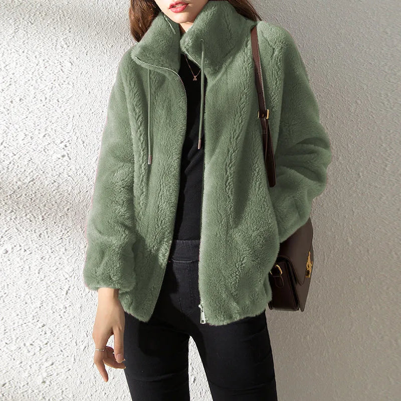 Women Autumn Winter Faux Fur Coats Zipper Cardigan Plush Thick Warm Coat Loose Oversized Outerwear Female Coral Fleece Overcoat